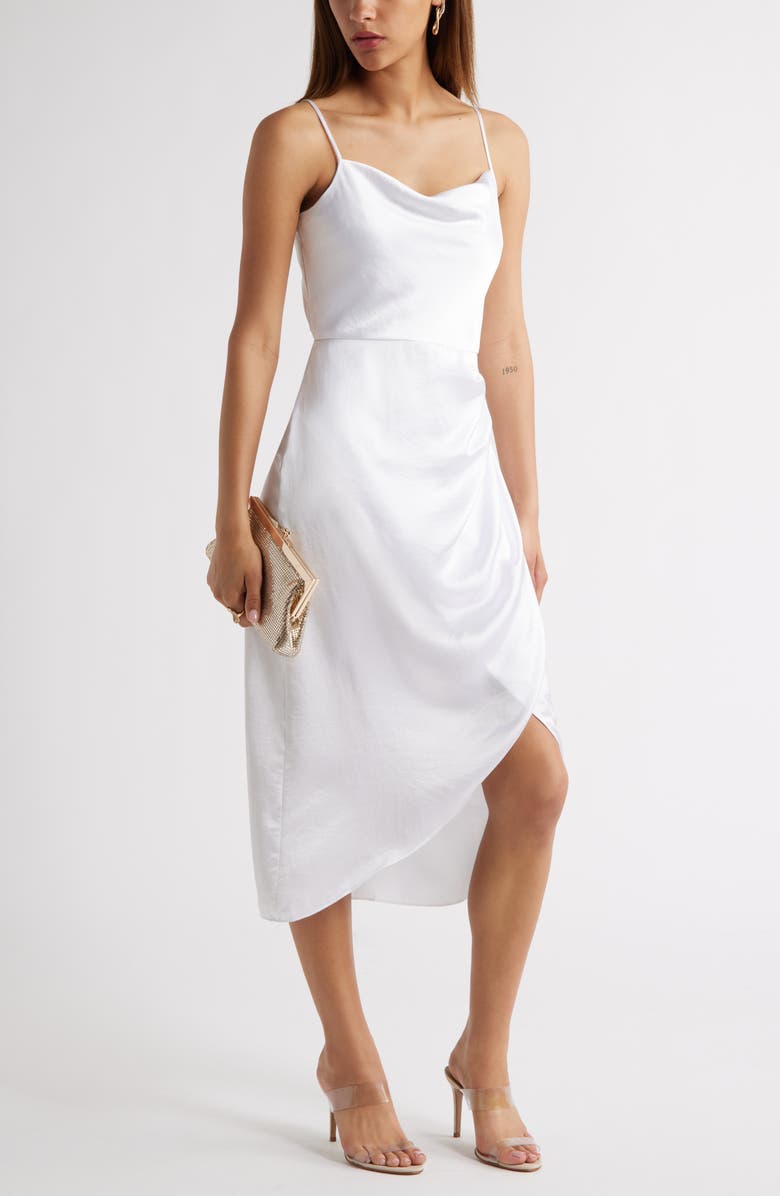 Open Edit Cowl Neck Satin Midi Dress, Alternate, color, White