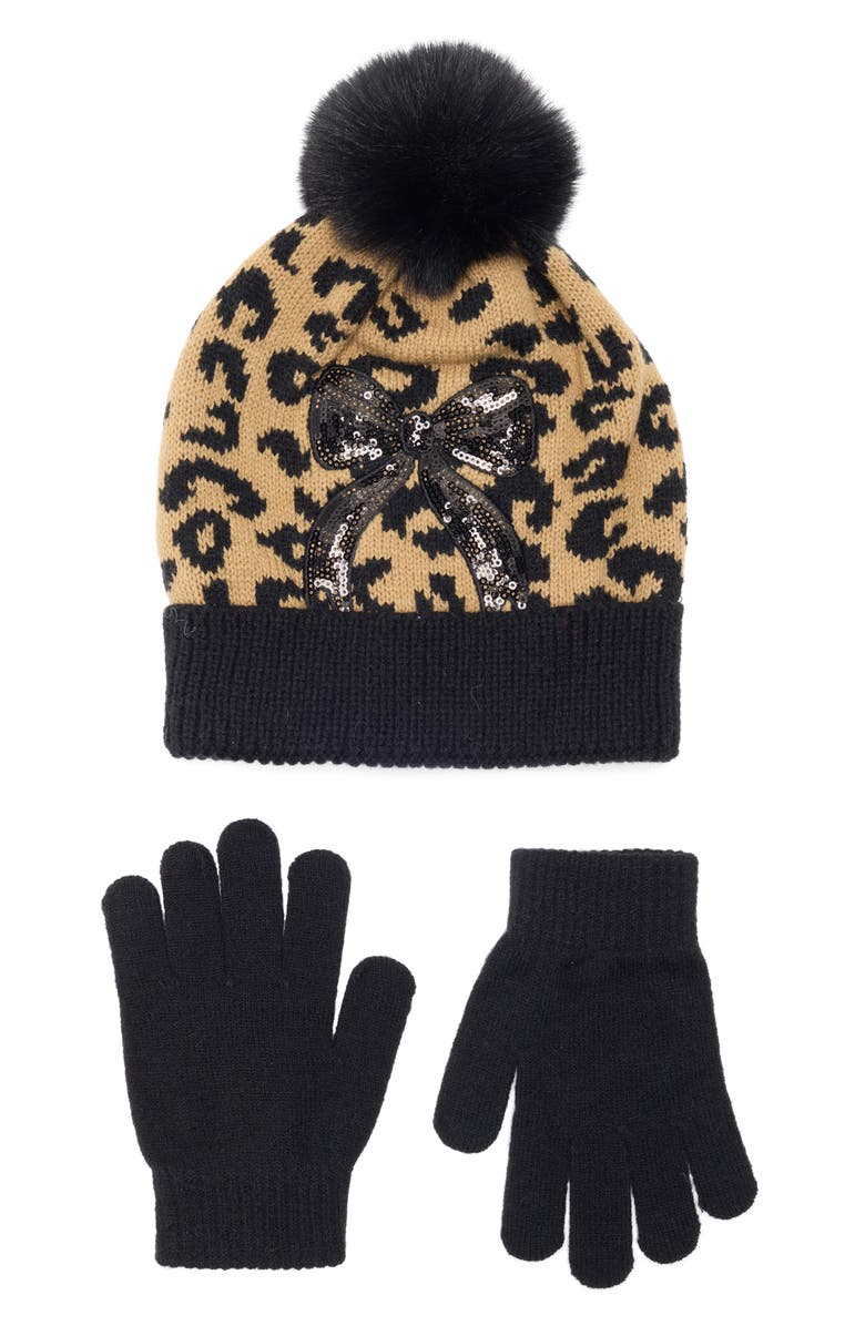 Capelli New York Kids' Sequin Bow Cheetah Knit Pompom Beanie & Gloves Set, Main, color, Beige Combo