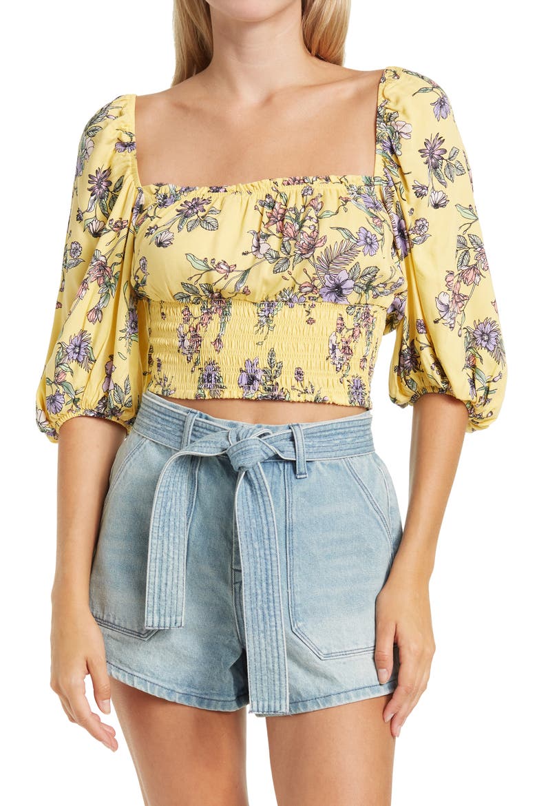 Waverly Smocked Crop Top, Main, color, YELLOW GARDEN