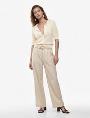 Koton Linen Blend Belted Baggy Full Length Striped Trousers
