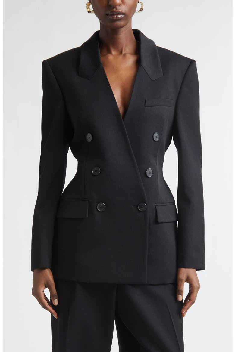 Double Breasted Integrated Collar Wool Jacket, Main, color, BLACK