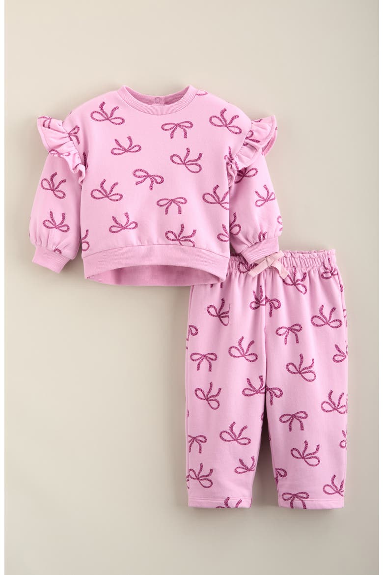 Print Ruffle Sweatshirt & Pants Set, Main, color, PINK LAVENDER LEOPARD BOWS