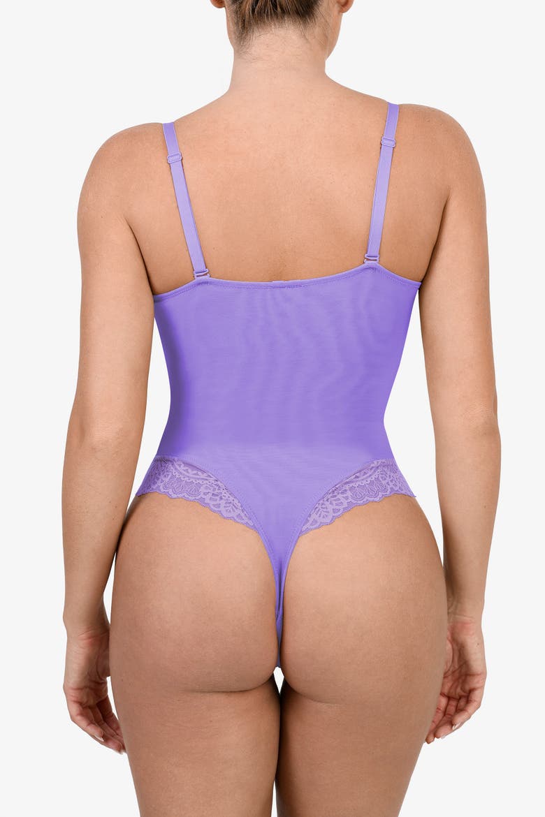Plus Size Shapewear Lace Deep V-Neck Sculpting Thong Bodysuit, Alternate, color, Wisteria