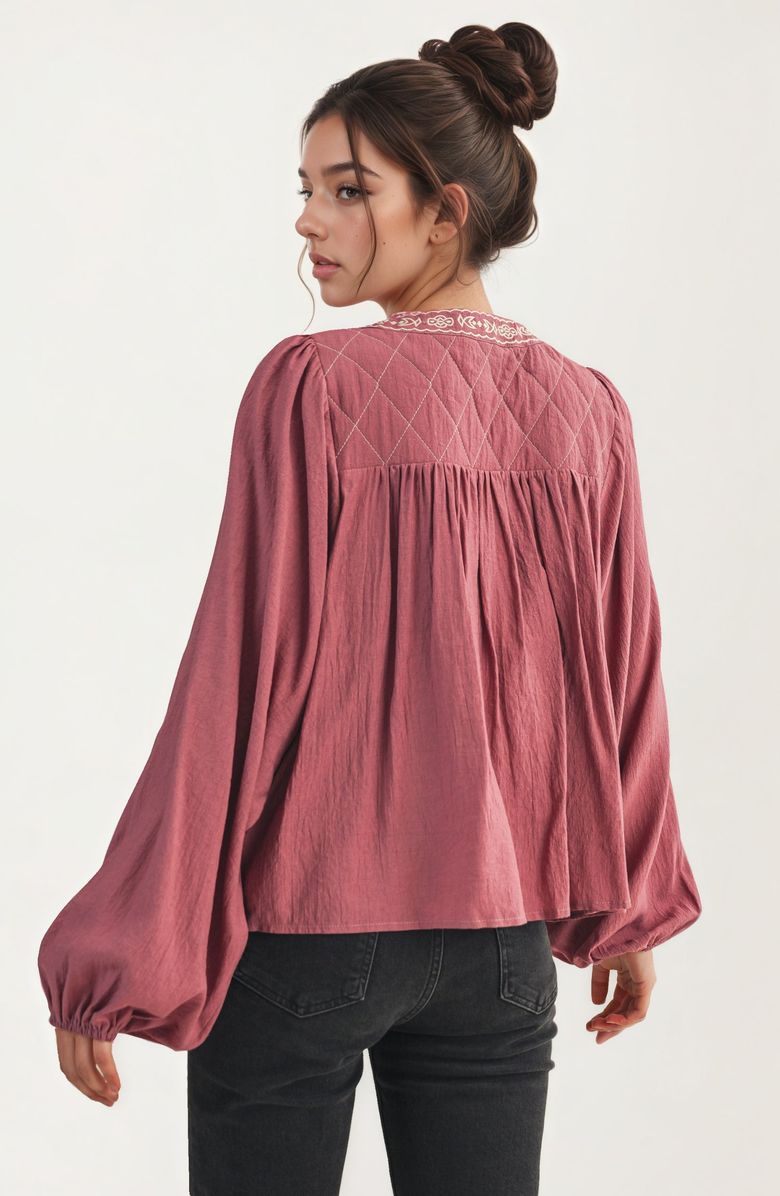 Knit and Lounge Embroidered Yoke Tie Neckline Flowy Long Sleeve Blouse, Alternate, color, Mauve / Dusty Pink