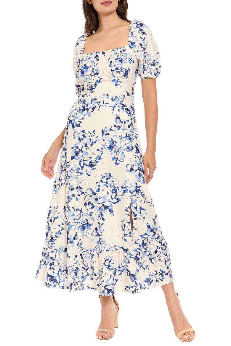 Puff Sleeve Maxi Dress, Main, color, IVORY / DEEP BLUE