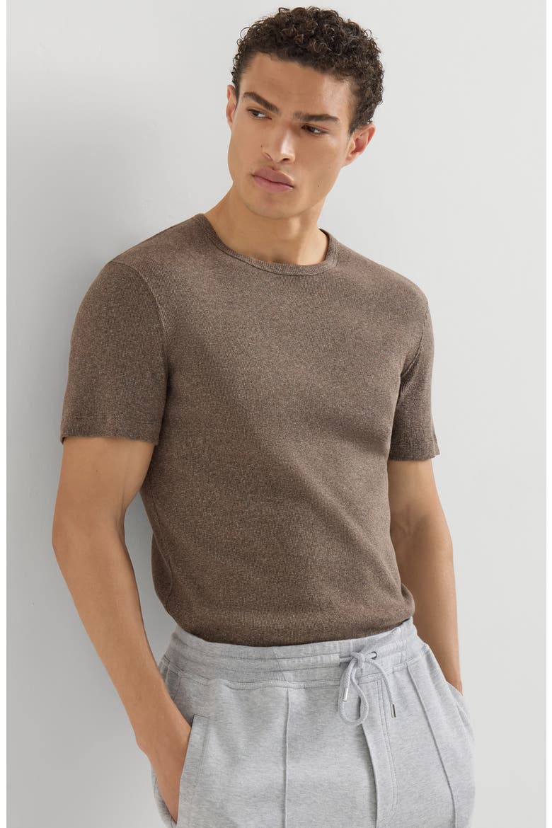 Denim-effect ribbed cotton jersey crew neck T-shirt, Alternate, color, Brown