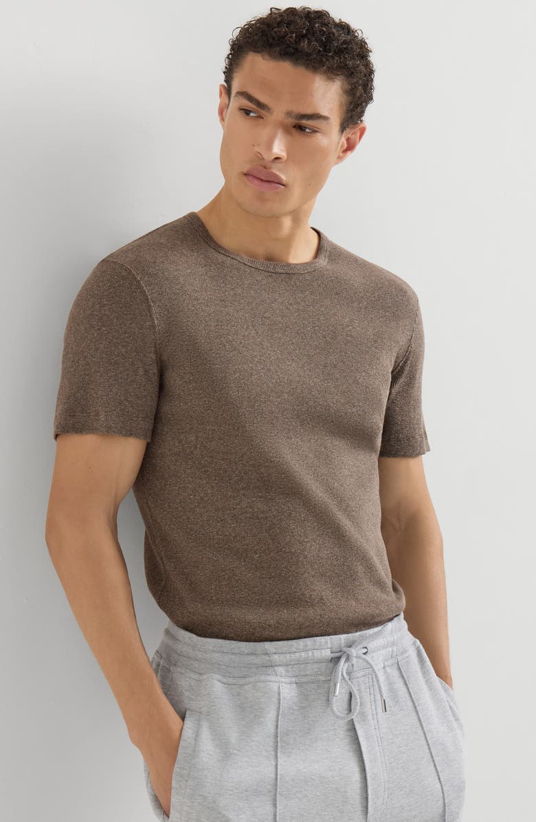 Brunello Cucinelli Denim-effect ribbed cotton jersey crew neck T-shirt, Alternate, color, Brown