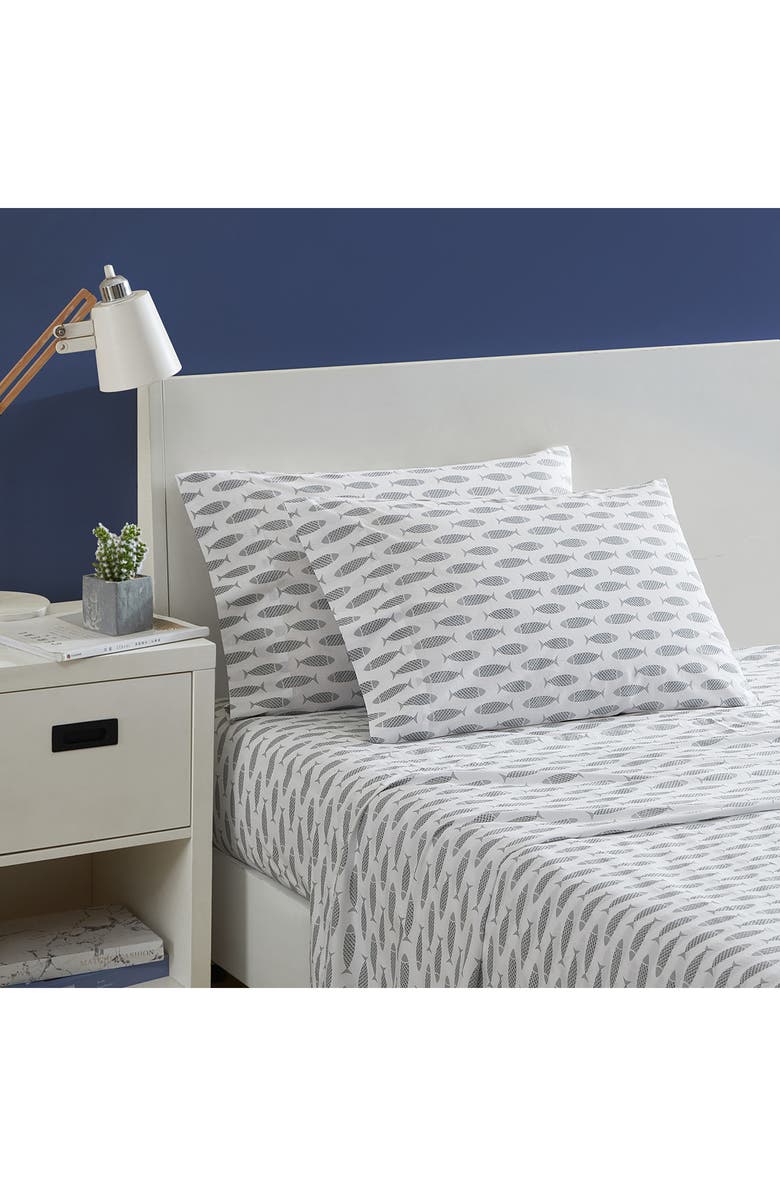 Nautica Woodblock Fish Twin Sheet Set, Alternate, color, Grey