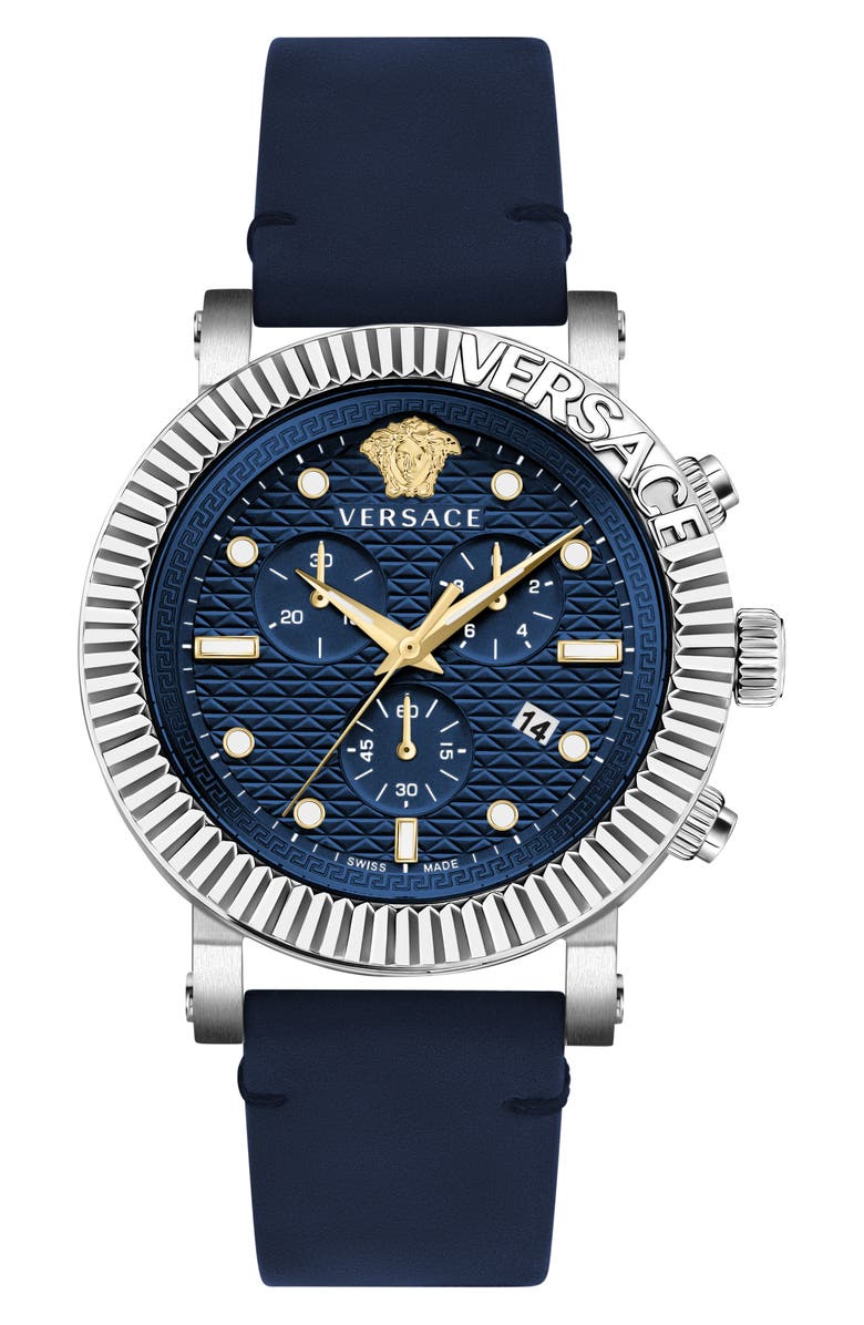 Versace V-Chrono Classic Swiss Quartz Leather Strap Watch, 45mm, Main, color, Stainless Steel