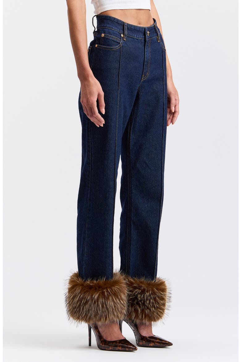 Faux Fur Trim High Waist Flare Jeans, Alternate, color, BIANCA RINSE