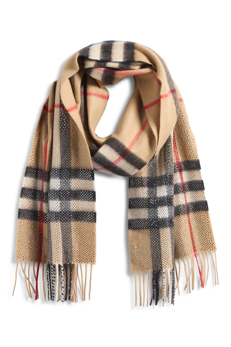 Crystal Embellished Check Cashmere Fringe Scarf, Alternate, color, ARCHIVE BEIGE