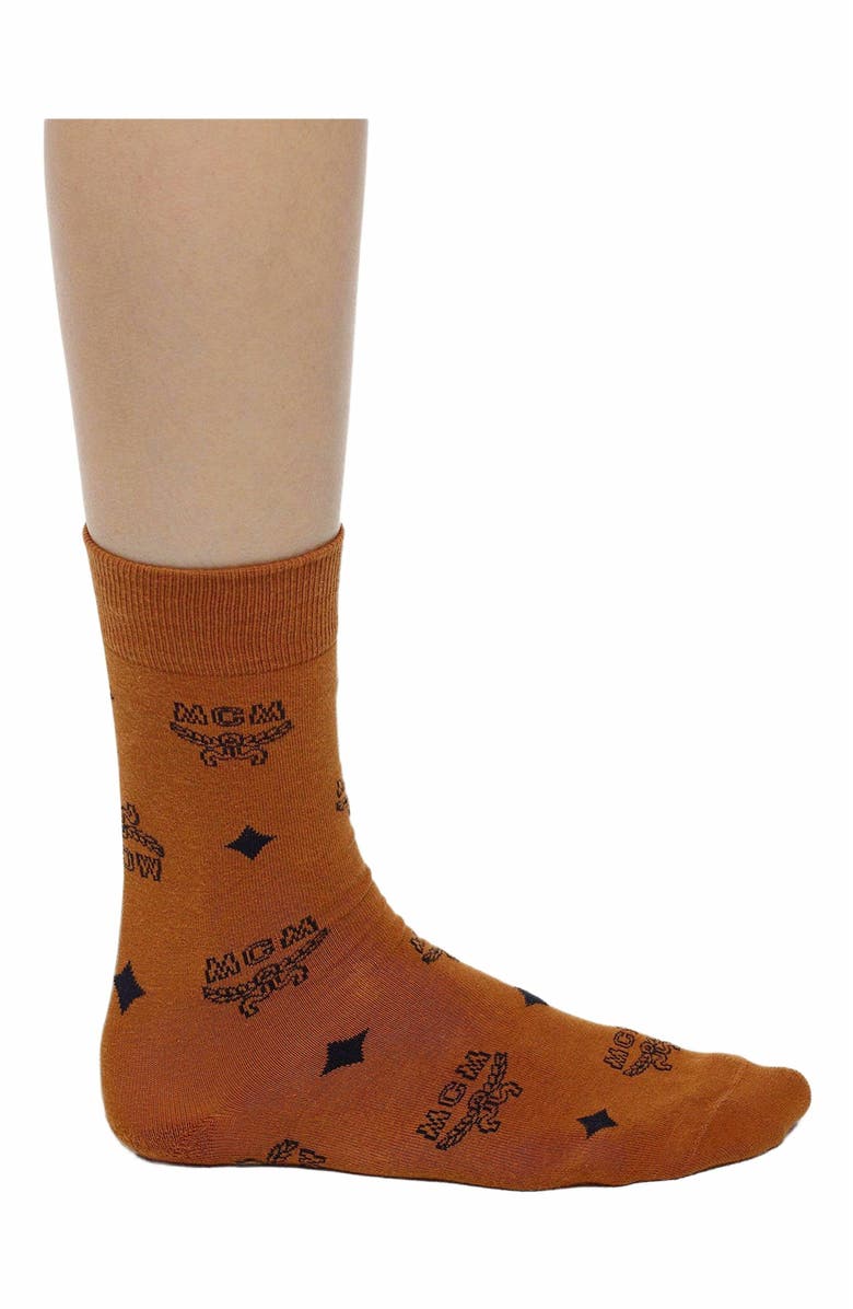 MCM Monogram Knit Socks, Alternate, color, Cognac