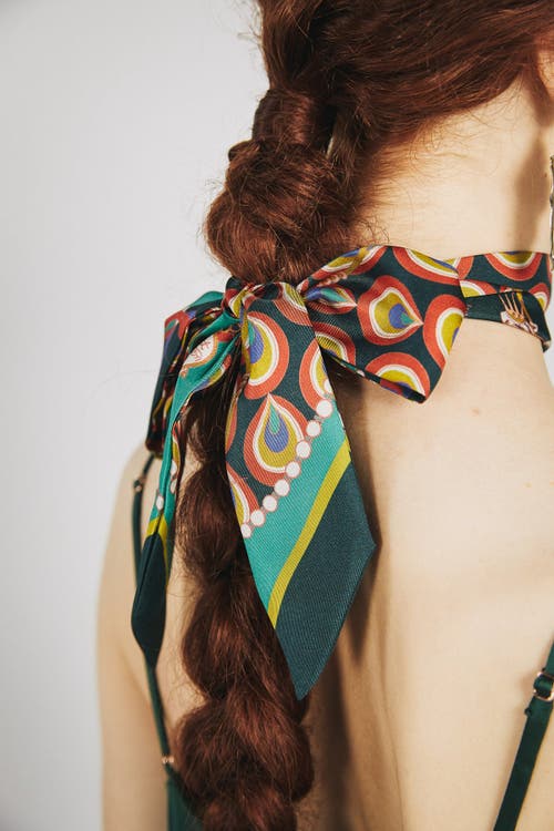 Lost Pattern Nyc "peacock" Silk Twill Skinny Scarf In Green