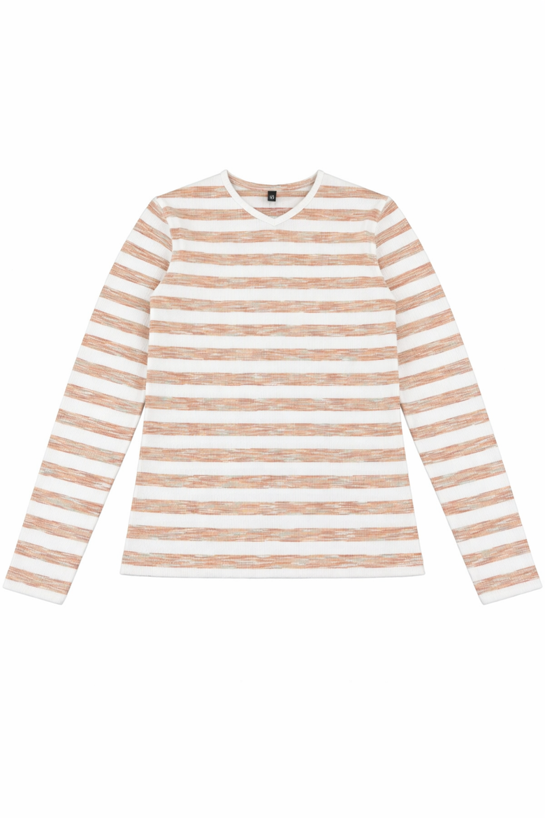 Girl Striped Long Sleeve Self-Binding V-Neck Tee, Main, color, Rust