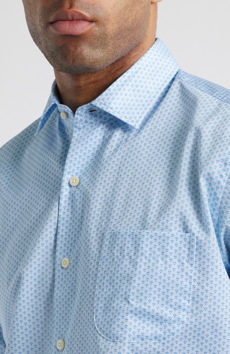 Peter Millar Charles Deco Print Short Sleeve Cotton Button-Up Shirt, Alternate, color, Morning Blue