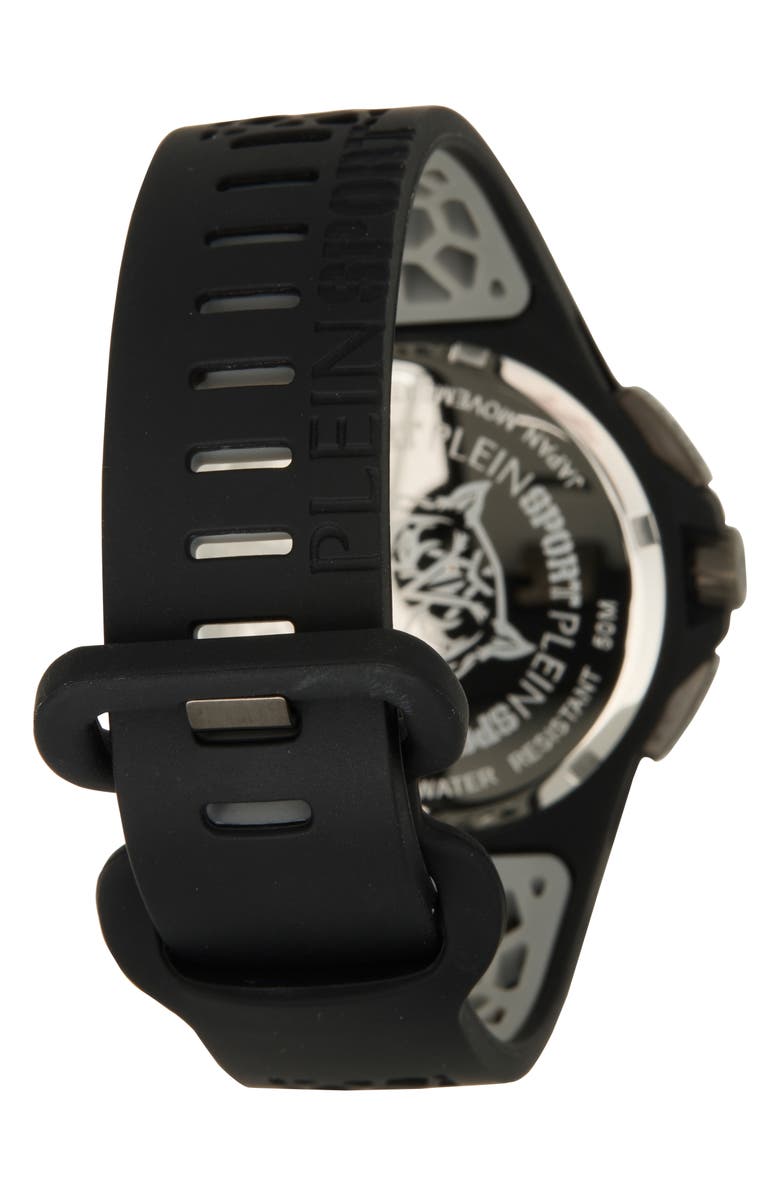 PLEIN SPORT Thunderstorm Chronograph Silicone Strap Watch, 43mm, Alternate, color, Gun