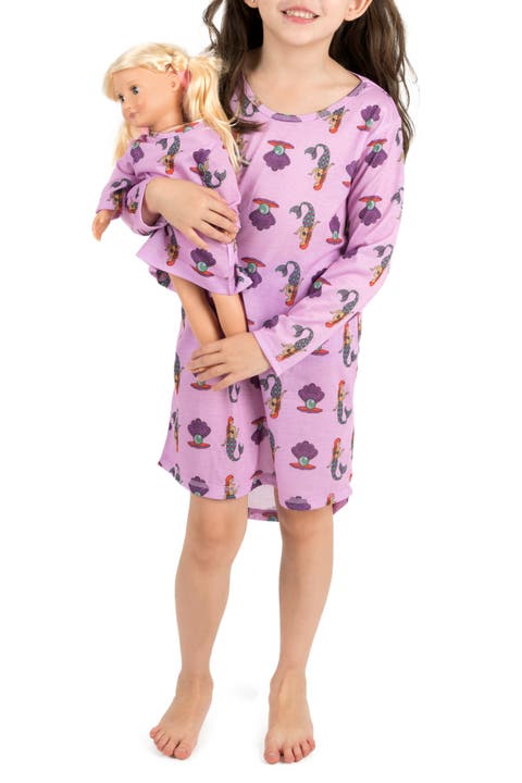 Girls Long Sleeve Nightgown with Matching Doll Nightgown, Printed Design