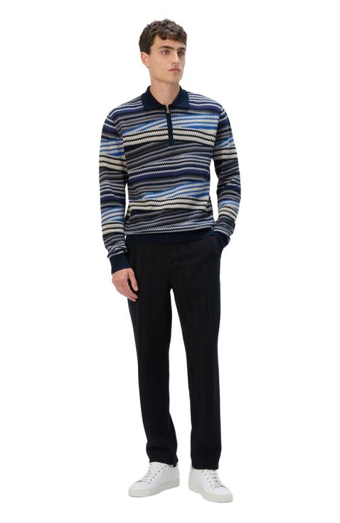 Long Sleeve Polo With Zip And Striped Zigzag Pattern