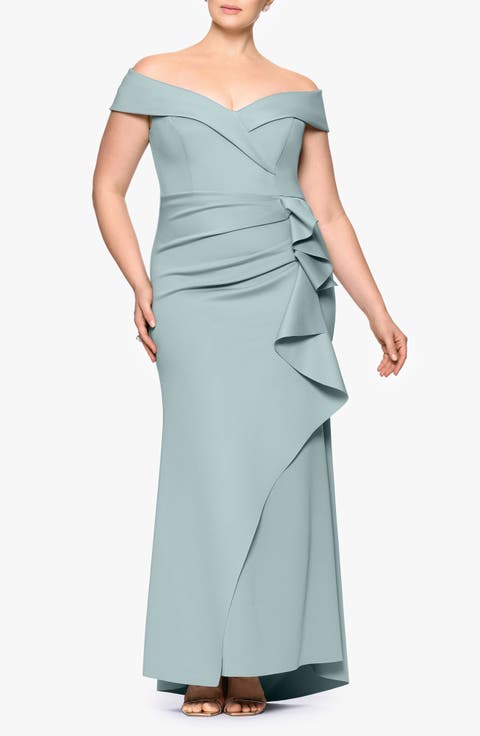 Off the Shoulder Ruffle Scuba Knit Gown (Plus Size)