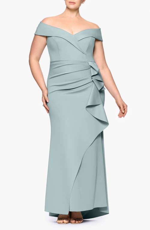 Xscape Evenings Off The Shoulder Ruffle Scuba Gown In Sage