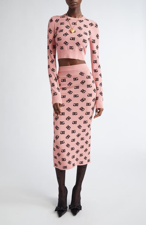 Dolce & Gabbana Pink Skirt With Pencil Design And All-over Printed Dg Logo In Viscose Blend Woman In Rosa Polvere Scuro