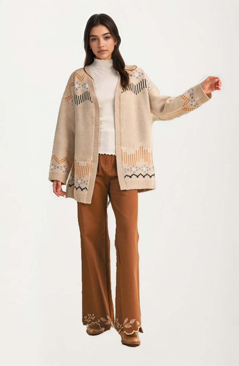 Knit and Lounge Scallop Trim Geometric Knit Pattern Cardigan, Alternate, color, Beige Multi