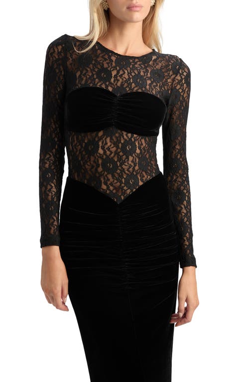 Bardot Helenie Long-sleeve Stretch Velvet Lace Maxi Dress In Black