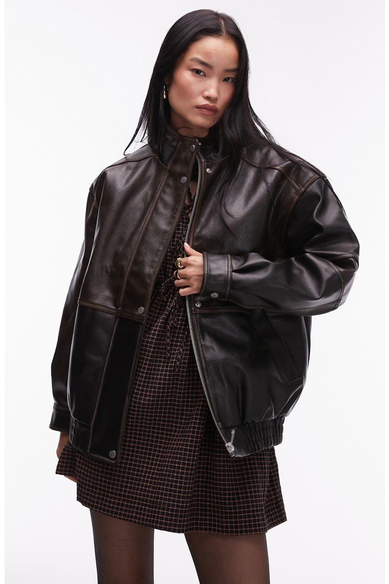 Oversize Faux Leather Bomber Jacket, Main, color, DARK BROWN MULTI