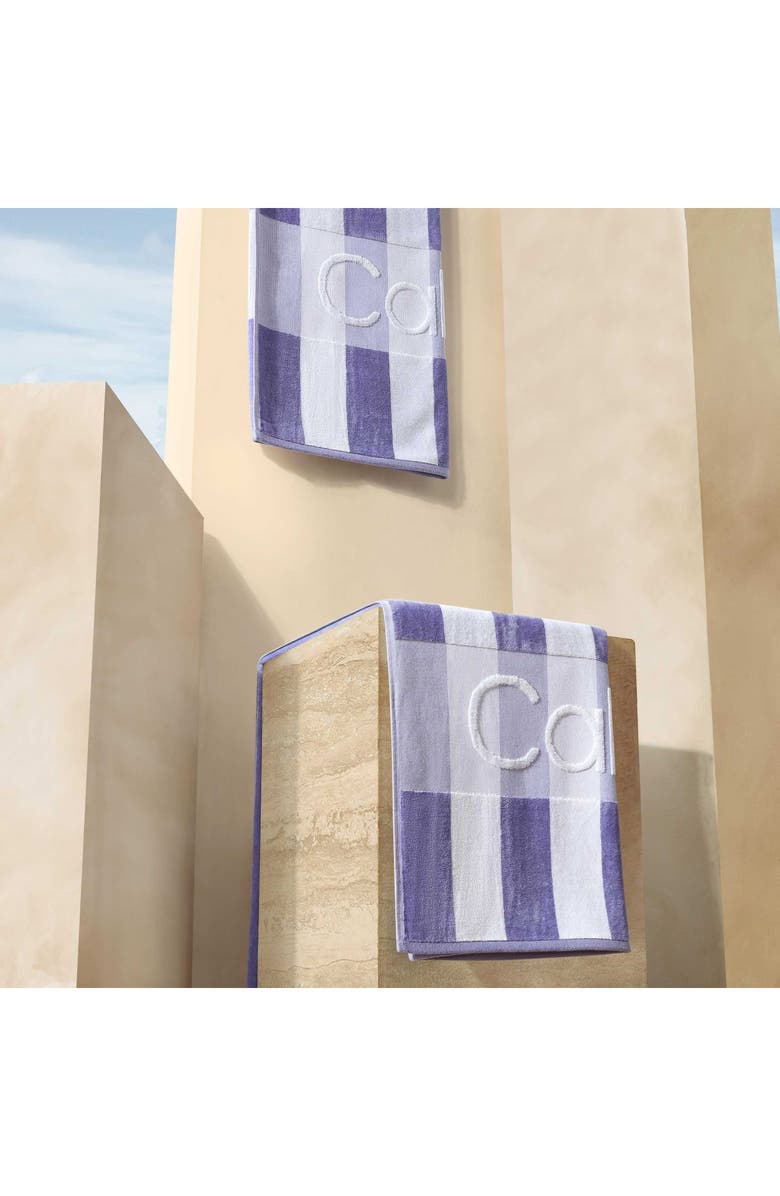 Calvin Klein Beach Stripe Logo Towel, Alternate, color, Twlight Purple/White