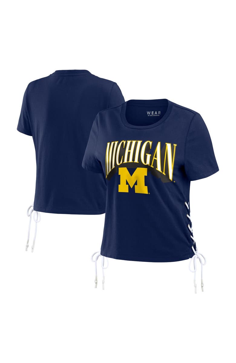 WEAR by Erin Andrews Women's WEAR by Erin Andrews Navy Michigan Wolverines Side Lace-Up Modest Crop T-Shirt, Main, color, Navy
