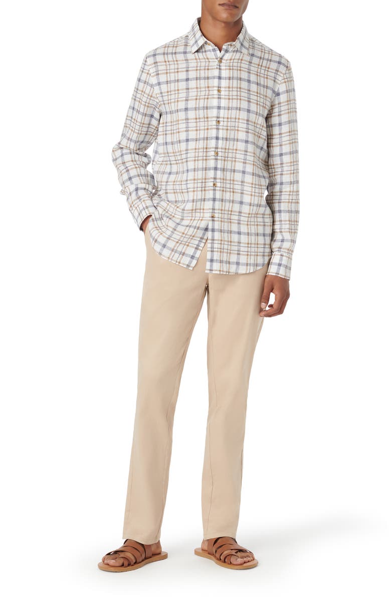 Bugatchi Julian Shaped Fit Plaid Linen Button-Up Shirt, Alternate, color, Caramel