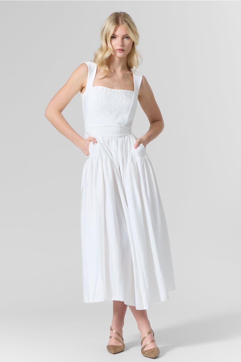 Belted Taffeta Embroidered Midi Dress, Main, color, White