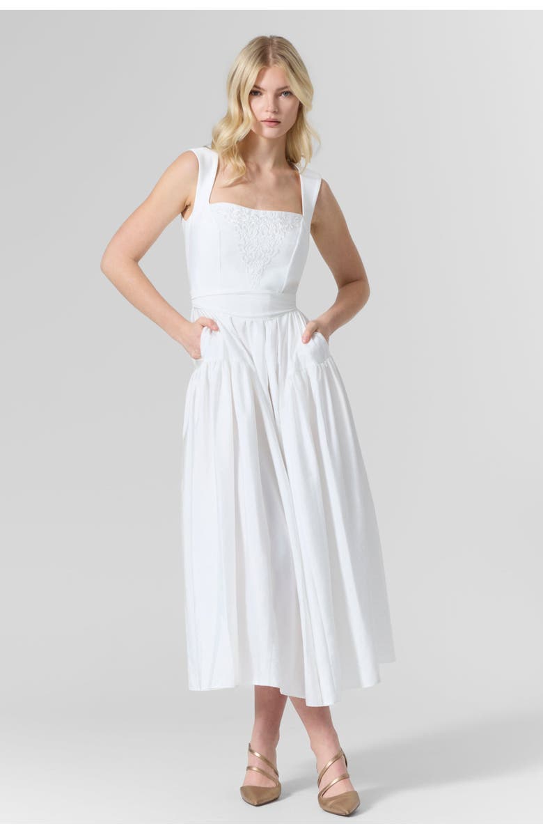 Le Fafo Belted Taffeta Embroidered Midi Dress, Main, color, White