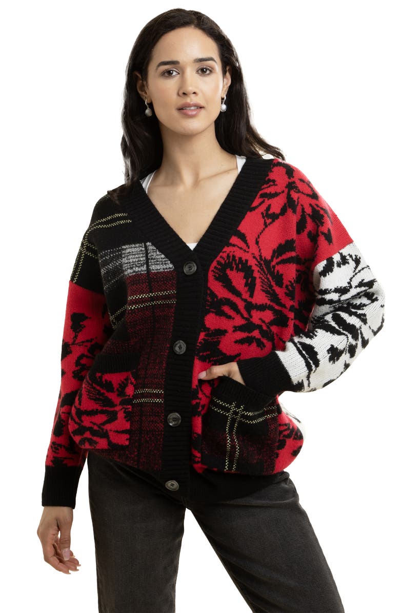 SAACHI Floral Plaid Colorblock Cardigan, Alternate, color, Black
