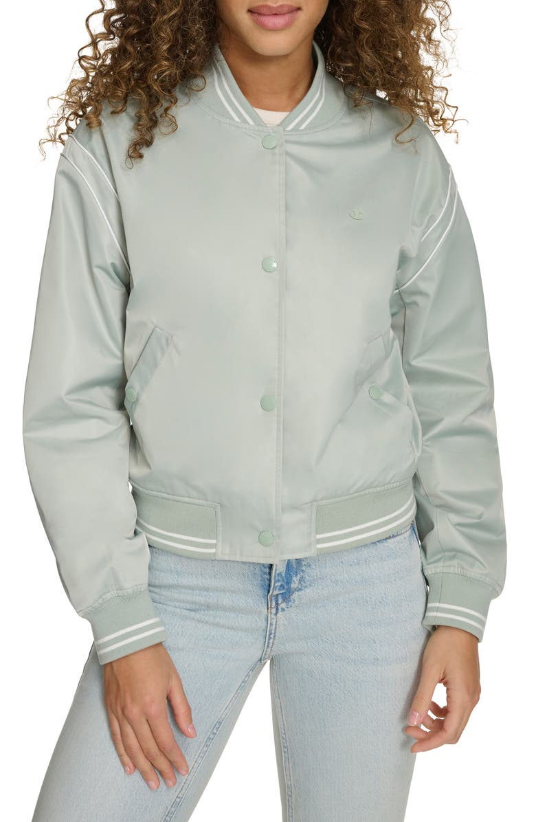 Champion Crop Varsity Jacket, Main, color, Sage