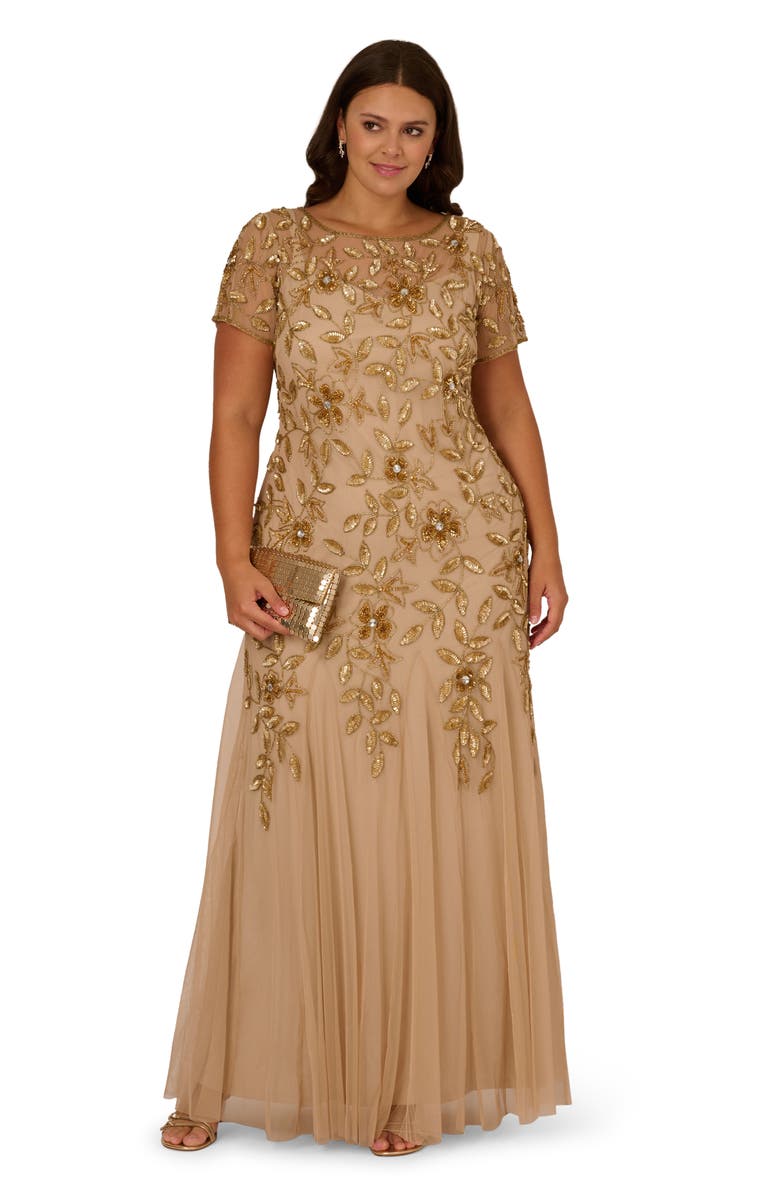 Adrianna Papell Beaded Floral Godet Gown, Alternate, color, Champagne Gold