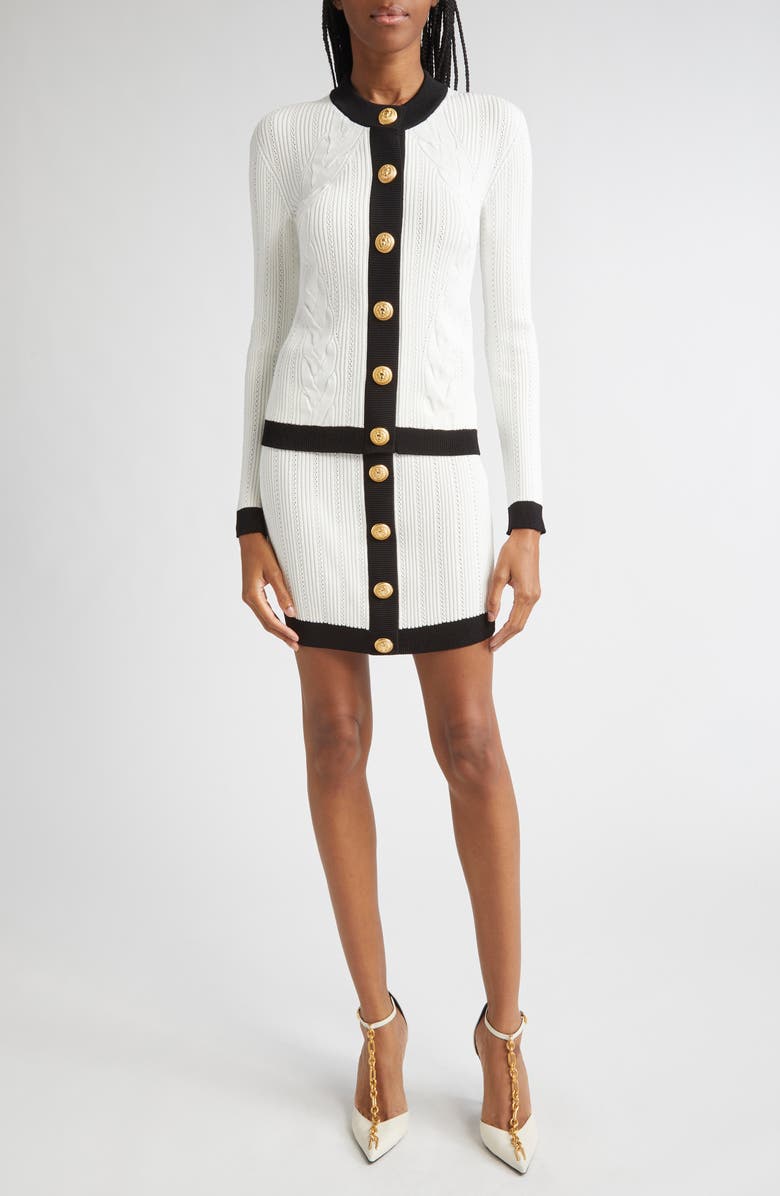 Balmain Twisted Cable Knit Sweater Skirt, Alternate, color, White/ Black