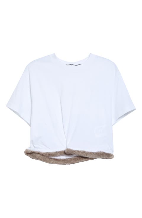 Faux Fur Trim Jersey T-Shirt