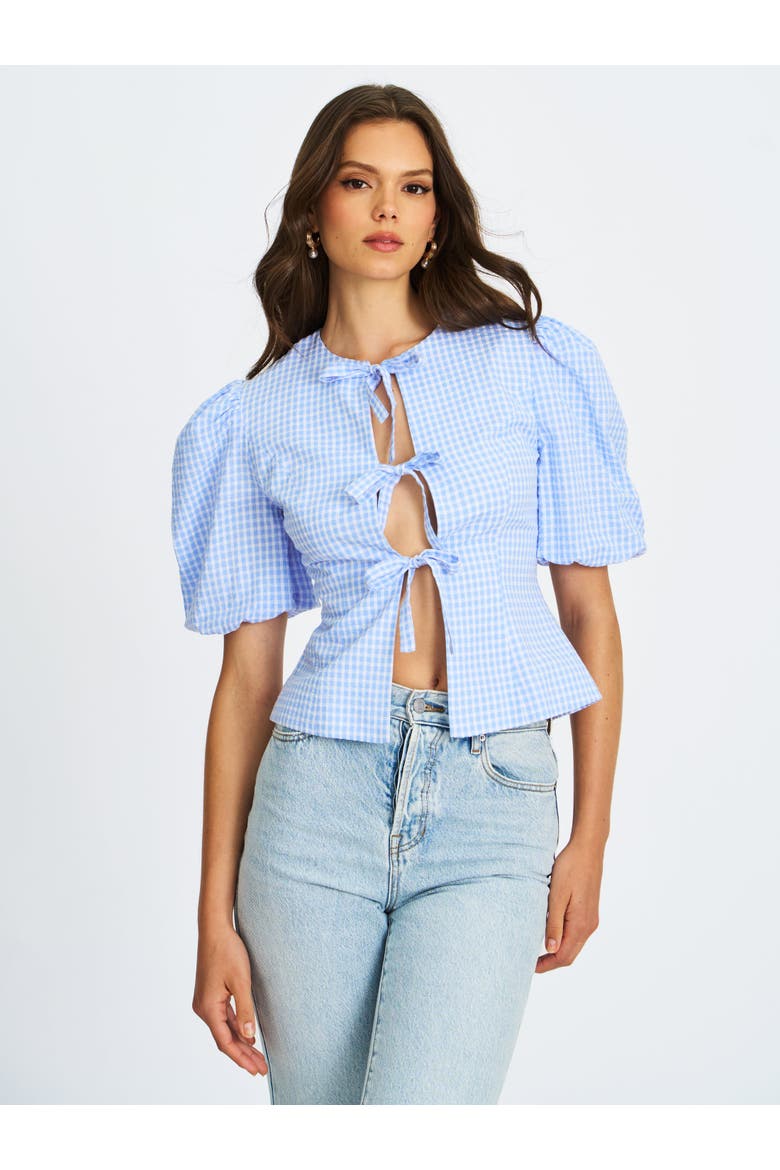 Qusayla GinghamCheck Puff Sleeve Tie Detail Top, Alternate, color, Blue