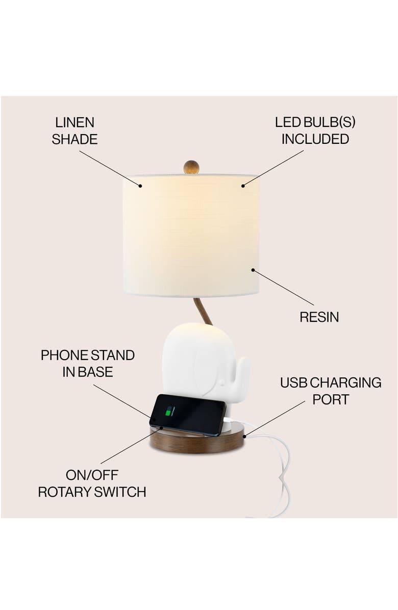 JONATHAN Y Ellie 20.25" Bohemian Designer Iron/Resin Elephant LED Kids' Table Lamp with Phone Stand and USB Charging Port, Alternate, color, White