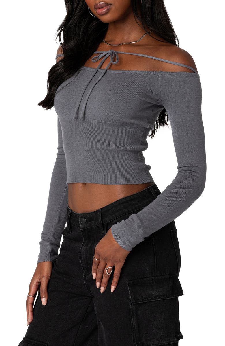 EDIKTED Jane Tie Front Off the Shoulder Long Sleeve Crop Top, Alternate, color, Gray