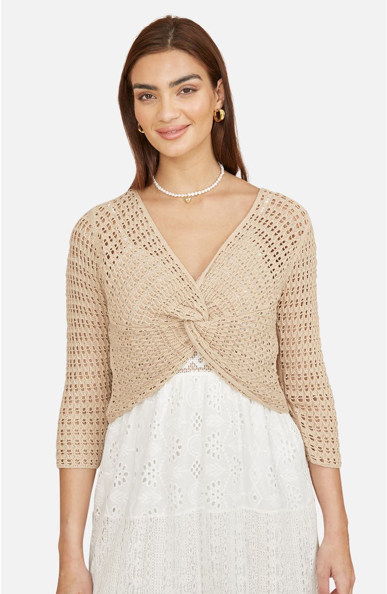 Yumi Crochet Cotton Twisted Bolero Cardigan, Main, color, Beige