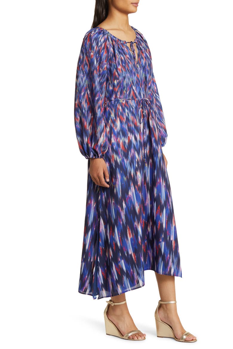 Ikat Long Sleeve Recycled Polyester Midi Dress, Alternate, color, ISLAND NAVY