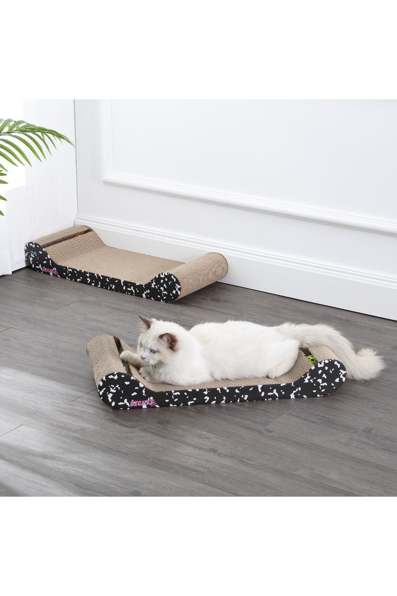 Rini Modern Cardboard Lounge Bed Cat Scratcher with Built-In Bell Toys and Catnip, Alternate, color, Black/White