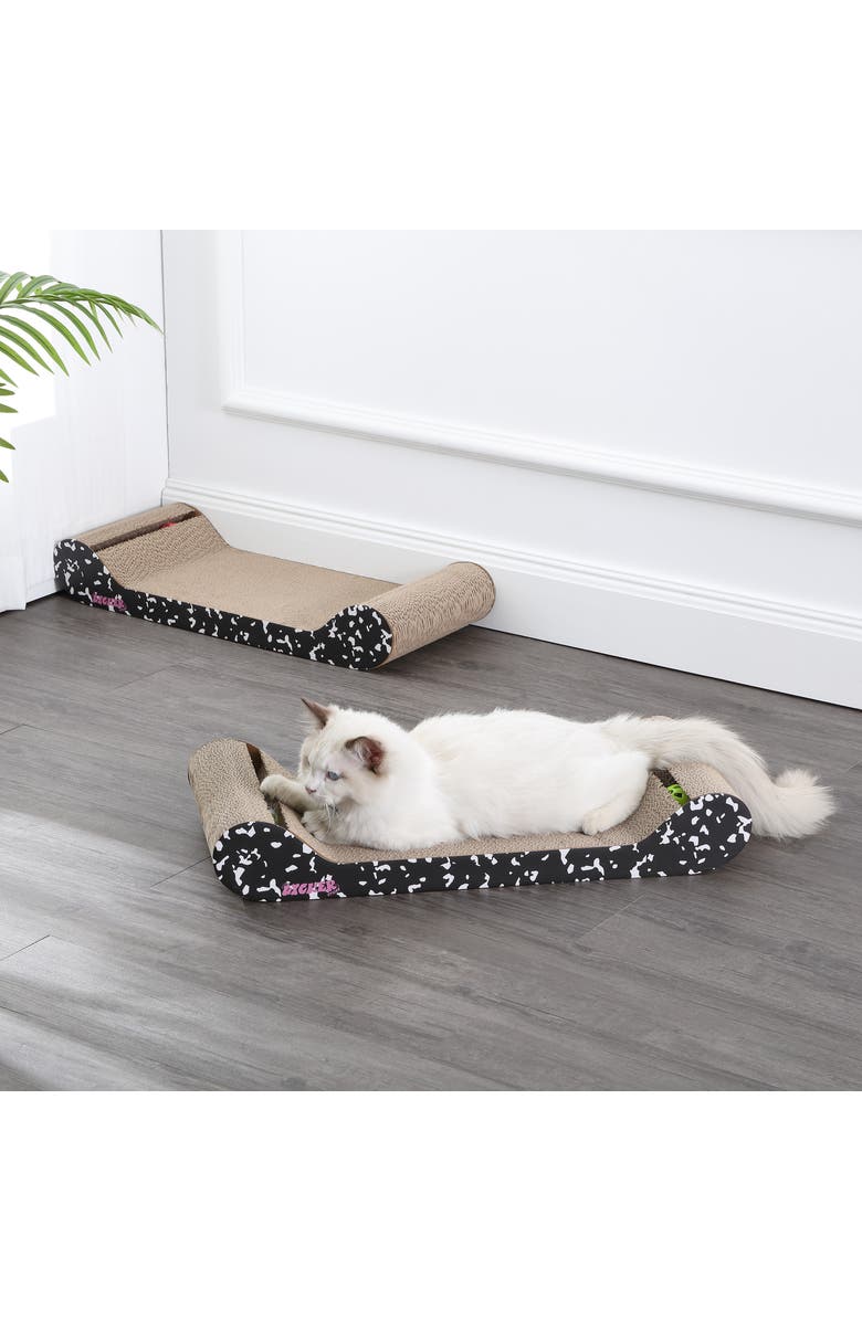 The Licker Store Rini Modern Cardboard Lounge Bed Cat Scratcher with Built-In Bell Toys and Catnip, Alternate, color, Black/White
