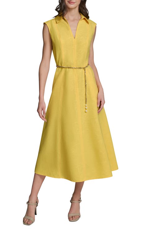 Floral Jacquard Midi Dress with Chain Belt