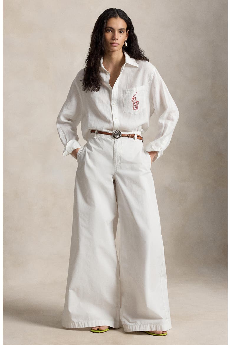 Embroidered Big Pony Oversize Linen Button-Up Shirt, Alternate, color, CLASSIC OXFORD WHITE