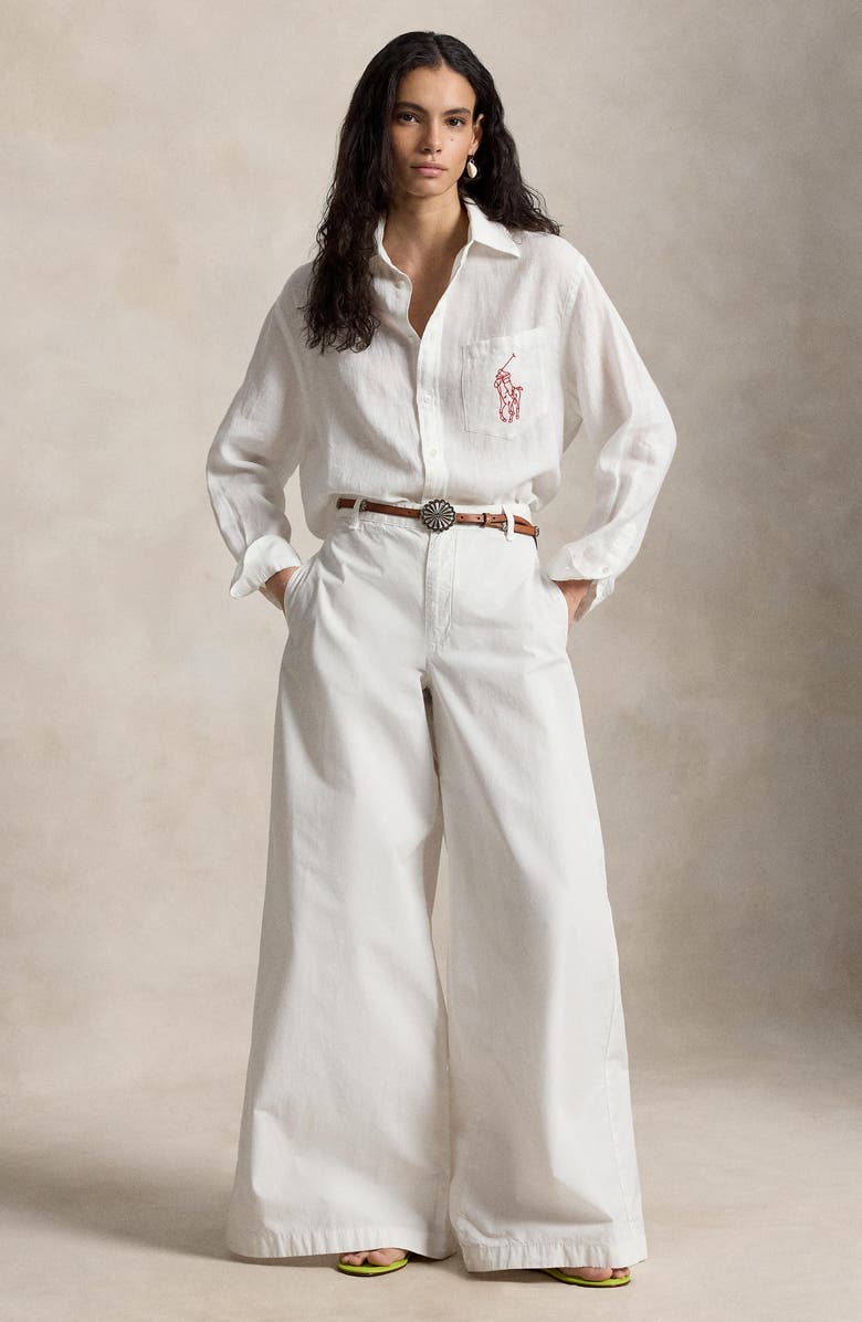 Polo Ralph Lauren Embroidered Big Pony Oversize Linen Button-Up Shirt, Alternate, color, Classic Oxford White