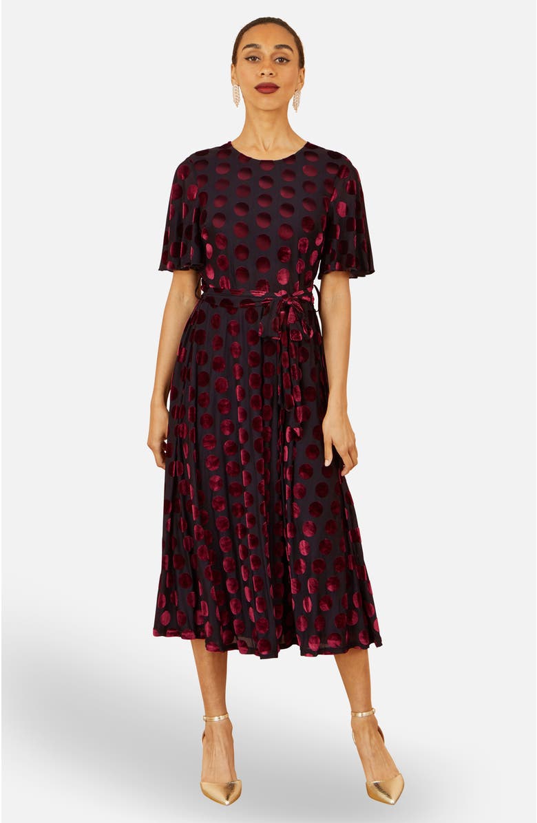 Yumi Velour Spot Midi Skater Dress, Main, color, Burgundy