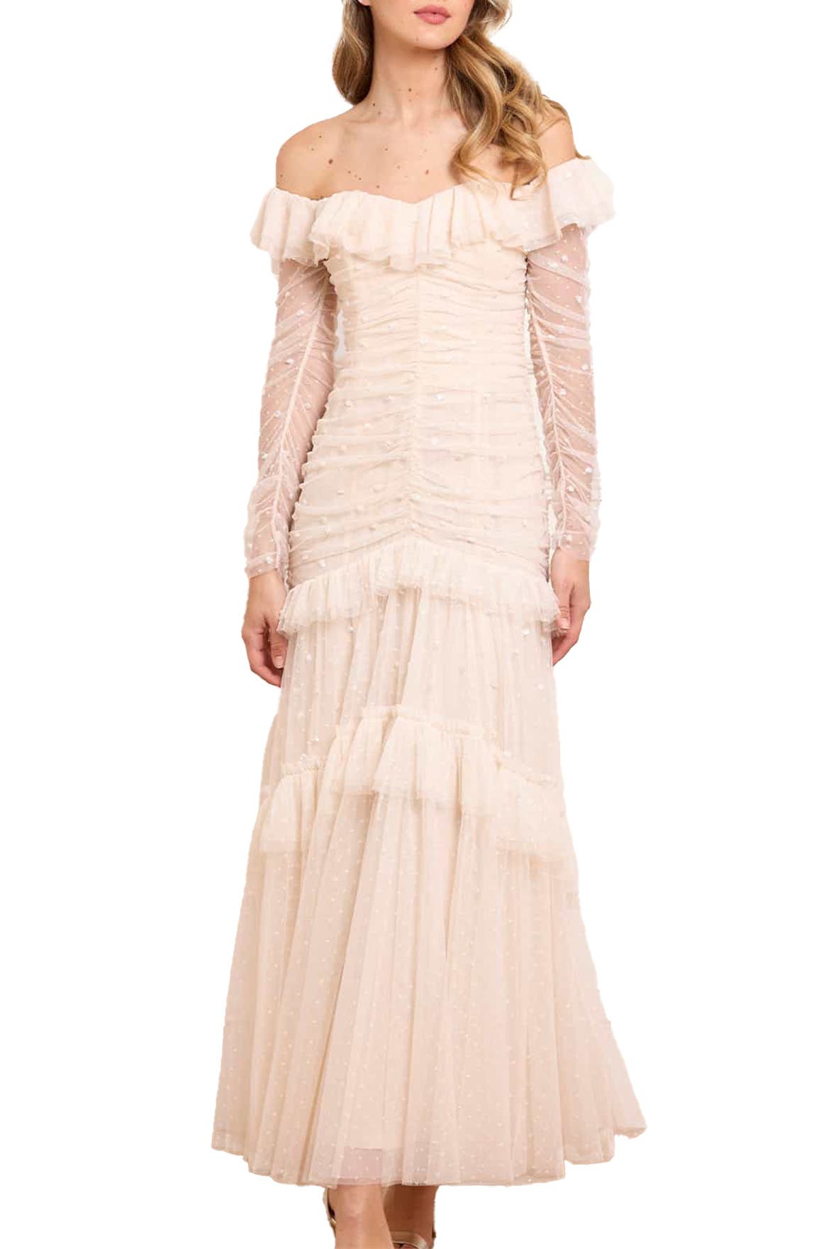 Needle & Thread Sequin Glimmer Rouched Off-shoulder Gown In Cream